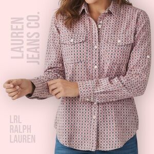 LRL Lauren Jeans Co. Button Down Top Women's Large Geometric Long Sleeve Cotton